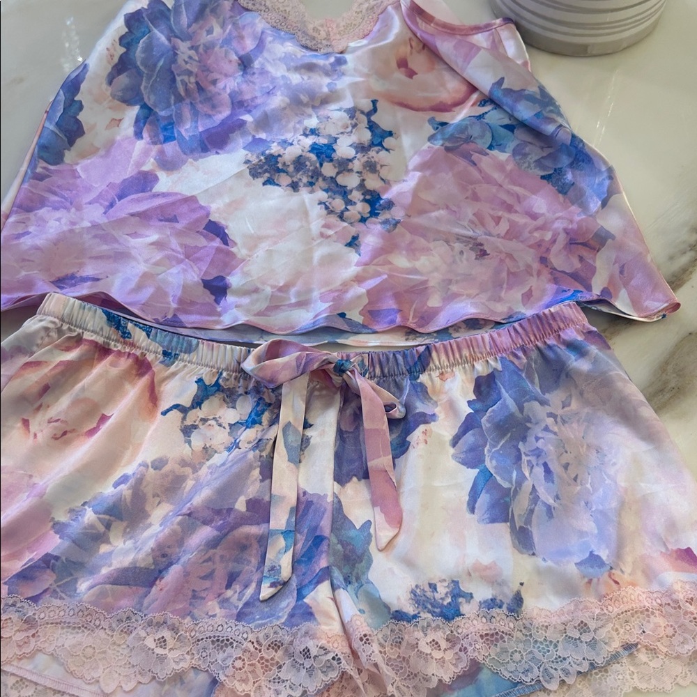 In Bloom Floral Satin Pajama Set with Lace Trim